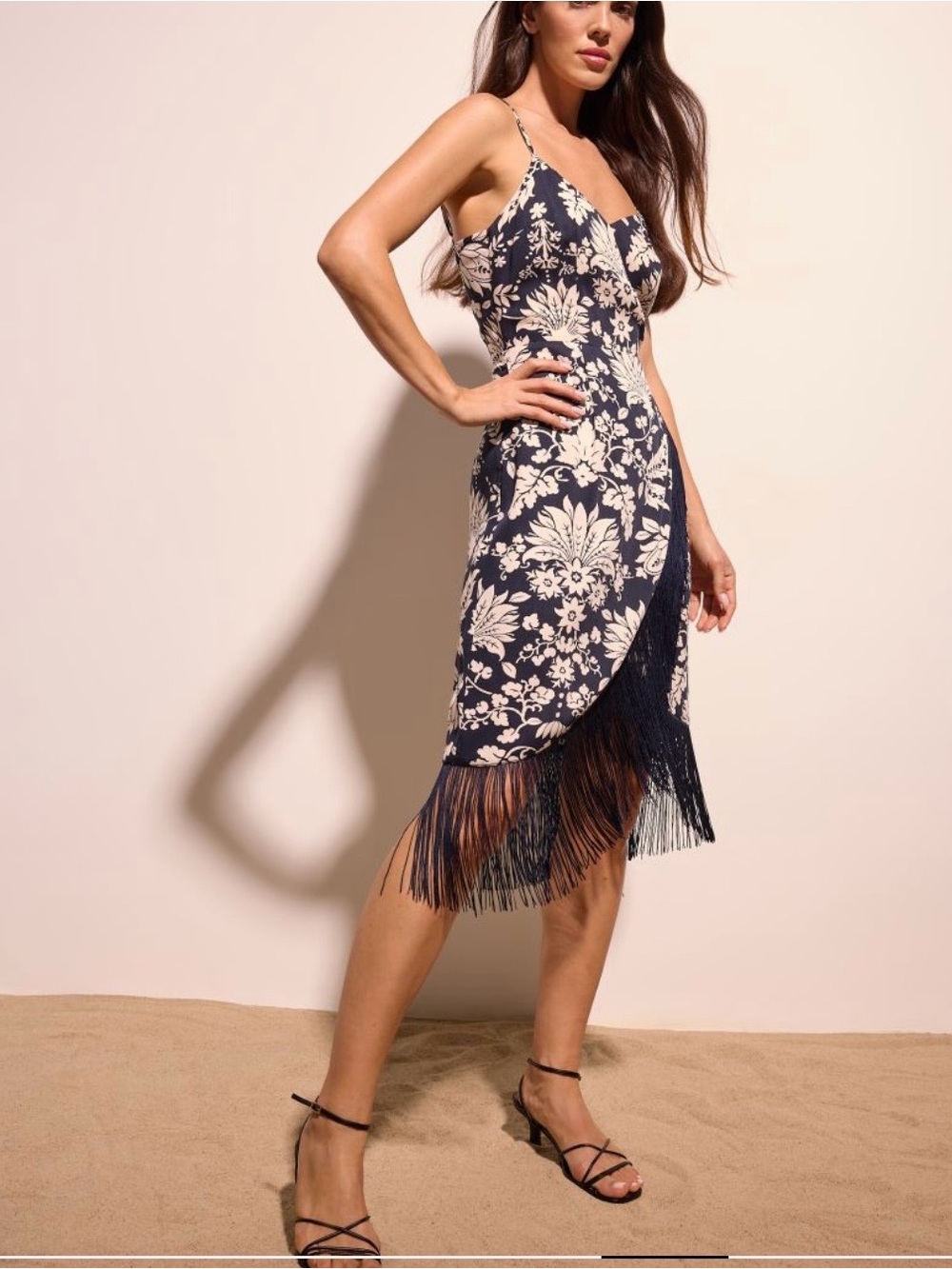 MOHITO Navy Blue & White Floral Midi Dress with Fringe Detail New with tags